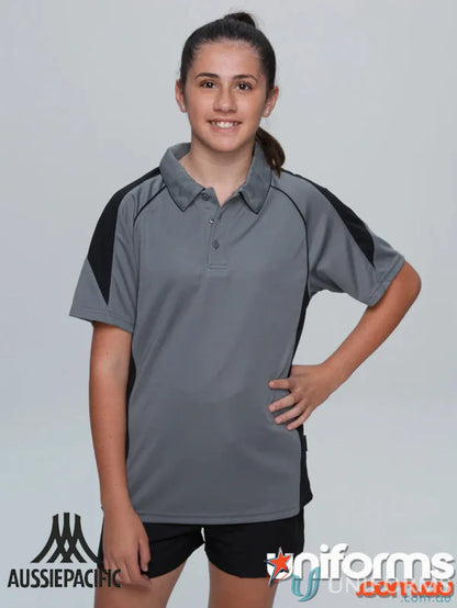 Kids Premier Polo in gray and black fabric, perfect for uniforms or casual workwear