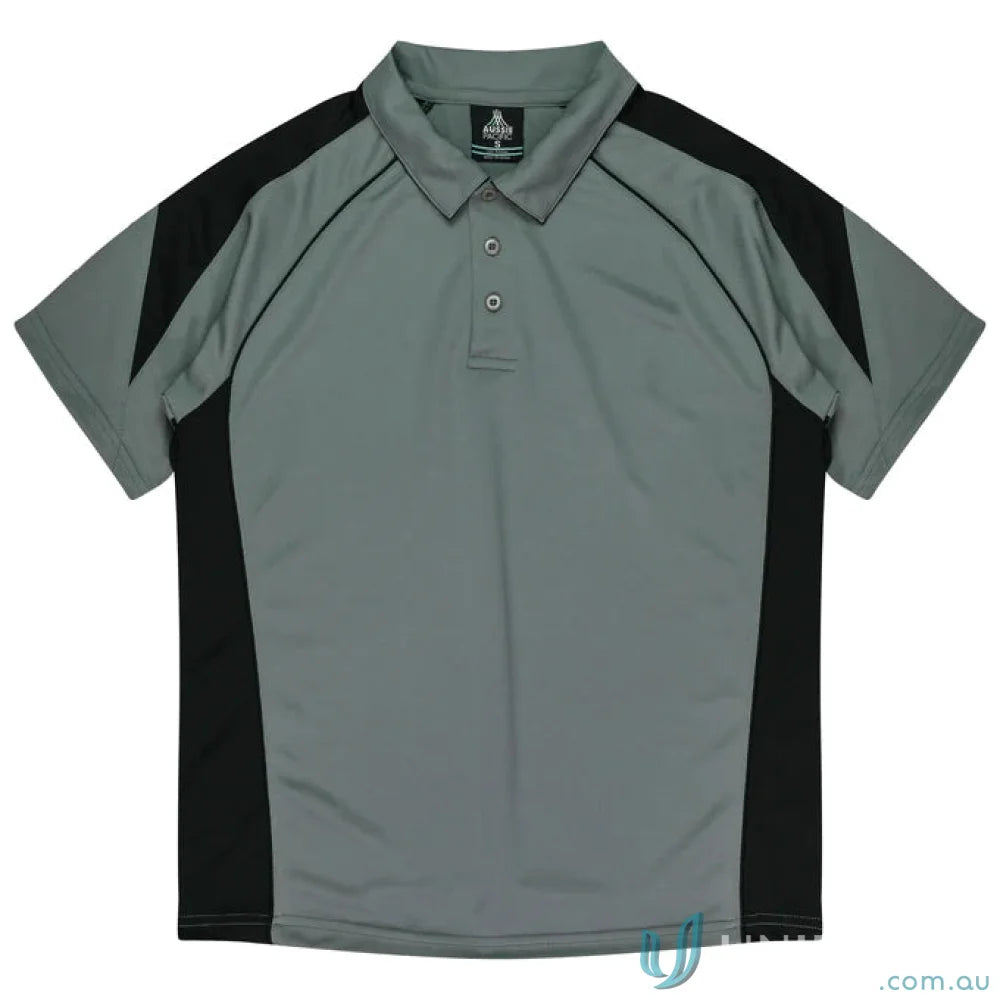 Gray and black short-sleeved Kids Premier Polo shirt made of comfy fabric, perfect for uniforms