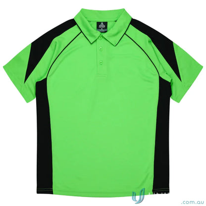 Kids Premier Polo with green and black fabric, perfect for uniforms or casual workwear
