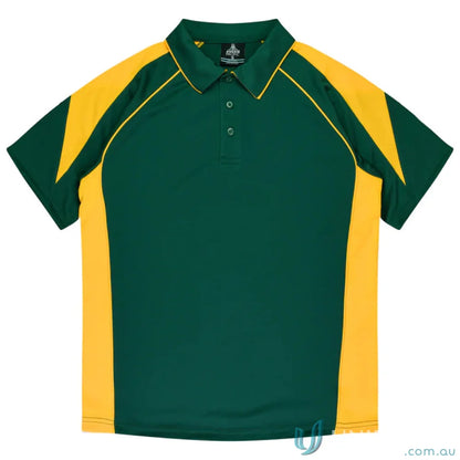 Kids Premier Polo shirt in green and yellow fabric, perfect for uniforms or workwear