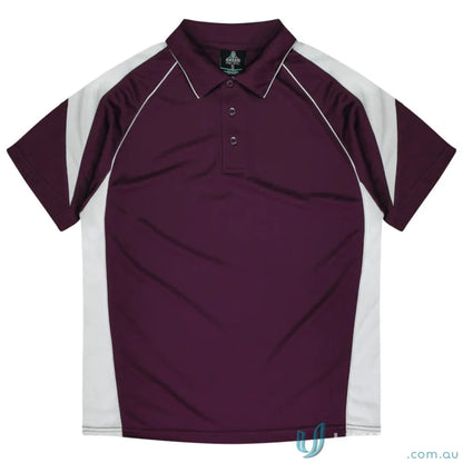 Kids Premier Polo shirt in maroon and white fabric perfect for uniforms or workwear