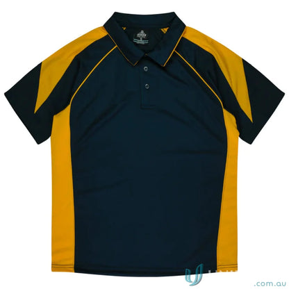 Kids Premier Polo in navy and gold featuring soft fabric, perfect for uniforms or workwear