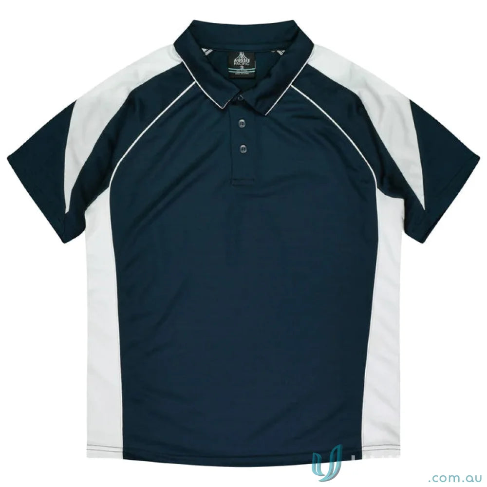 Kids Premier Polo in navy and white fabric, perfect for uniforms and casual workwear