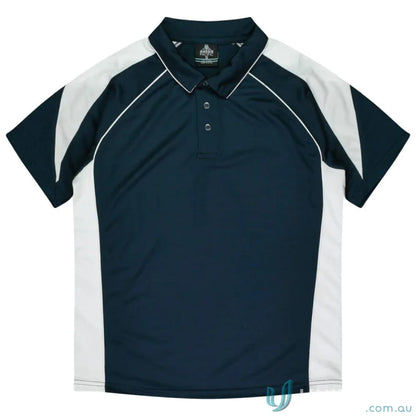 Kids Premier Polo in navy and white fabric, perfect for uniforms and casual workwear