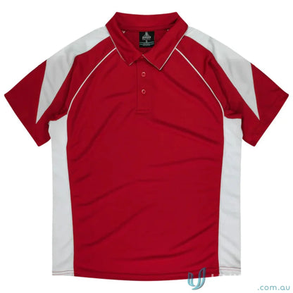 Kids Premier Polo shirt in red and white fabric, perfect for uniforms or workwear
