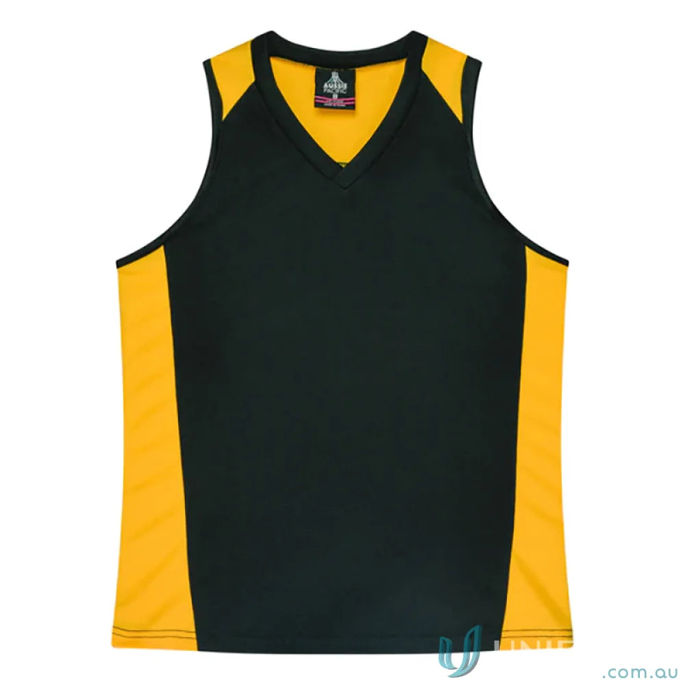 Kids Premier Singlet black and gold sleeveless sports jersey with fabric neck bind