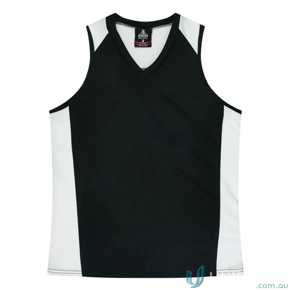 Kids Premier Singlet black and white V-neck tank top with comfy fabric neck bind
