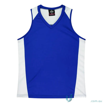 Kids Premier Singlet in blue and white athletic tank top with comfy fabric neck bind