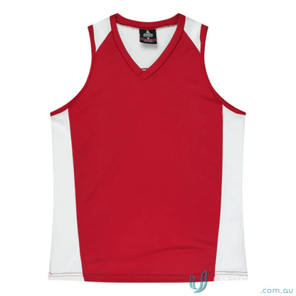 Kids Premier Singlet red and white V-neck basketball jersey with fabric neck bind for comfort