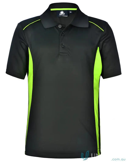 Kids Pursuit Polo in black with lime green side panels and shoulder piping