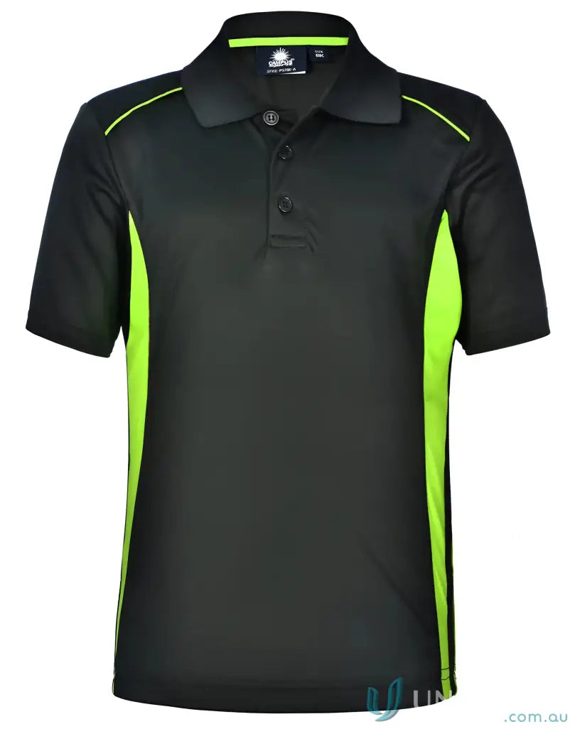 Kids Pursuit Polo in black with lime green side panels and shoulder piping