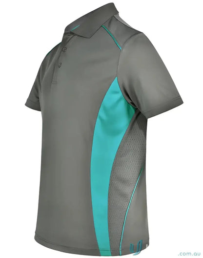 Kids Pursuit Polo grey short-sleeved shirt with turquoise stripe, perfect for kids pursuit polo style