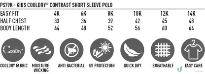 Kids Pursuit Polo size chart and features for the PS79K Pursuit Polo shirt