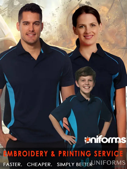 Three kids wearing matching dark and light blue Kids Pursuit Polo shirts, PS79K Pursuit style