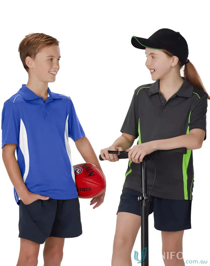 Two kids modeling Kids Pursuit Polo shirts and shorts, perfect for active days