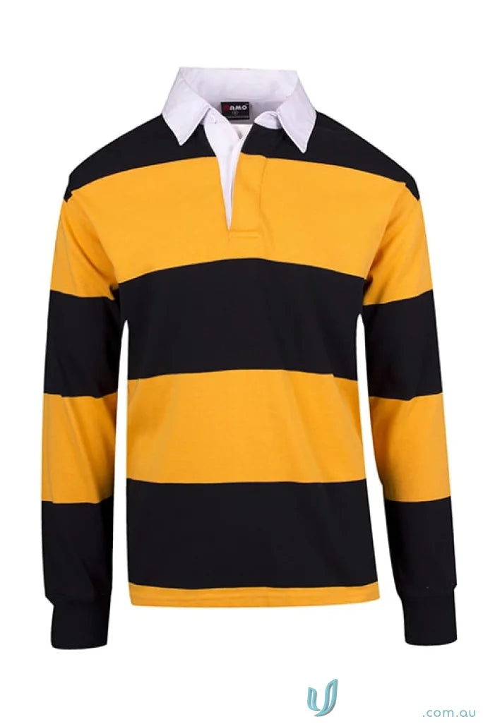 Kids rugby long-sleeved jumper with black and yellow stripes and white collar