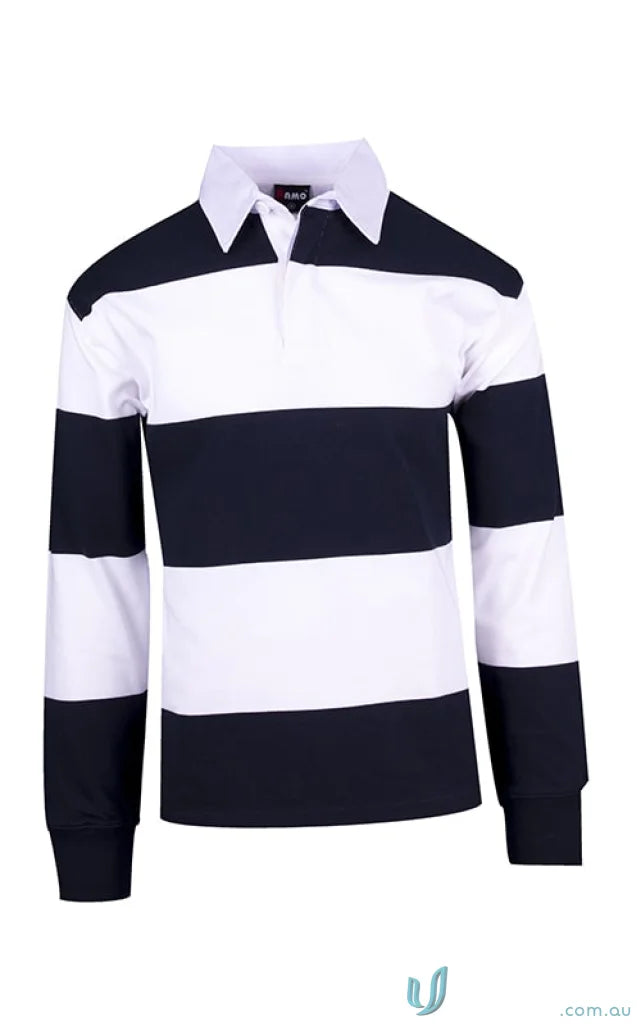 Kids Ramo Rugby Jumper navy blue and white striped rugby jersey with white collar
