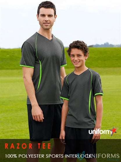 Matching gray and green Kids Razor Tee shirts from t406ks Biz Collection, made with biz cool™ polyester