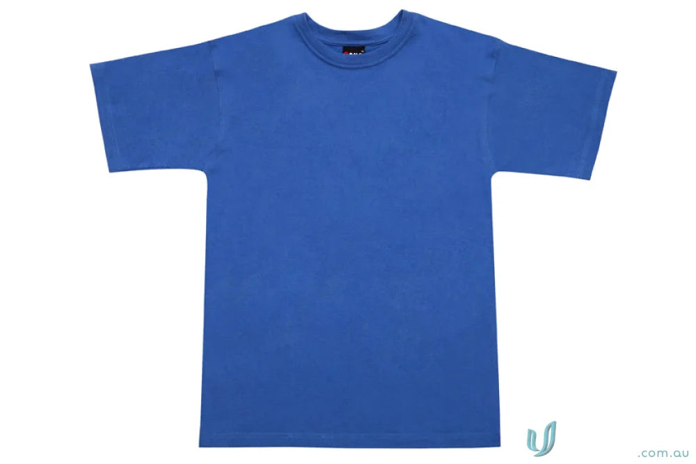 Blue short-sleeved Kids Regular T-Shirt perfect for uniforms or casual wear with sizing guide