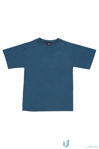 Blue short-sleeved Kids Regular T-Shirt perfect for uniforms and workwear naturally slips in sizing guide