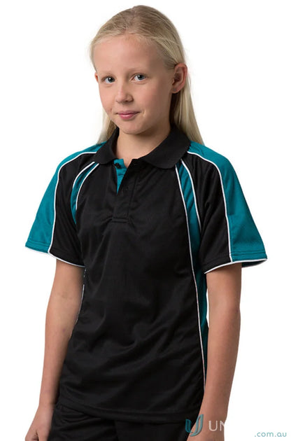 Kids Rozella Polo in black and teal with cooldry moisture management technology