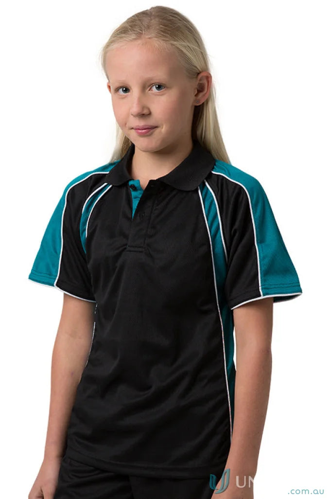 Kids Rozella Polo in black and teal with cooldry moisture management technology