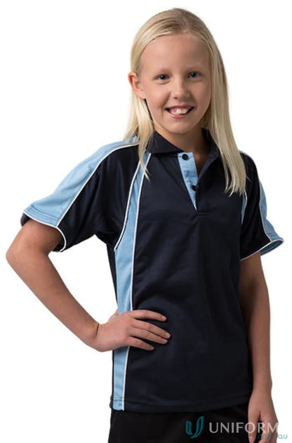 Kids Rozella Polo with navy and light blue colors featuring cooldry moisture tech for all-day comfort