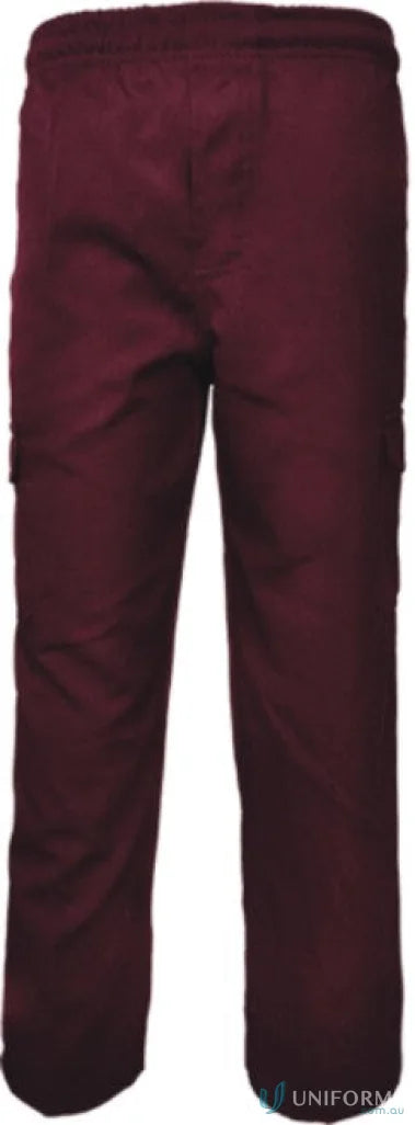 Kids school cargo pants in maroon with an elastic waistband for comfy school days