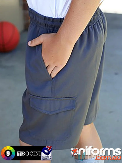 Kids School Cargo Shorts in dark grey with elastic waistband, perfect for school cargo days