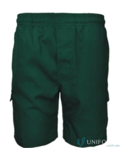 Kids School Cargo Shorts in dark green with elastic waistband for comfy school days