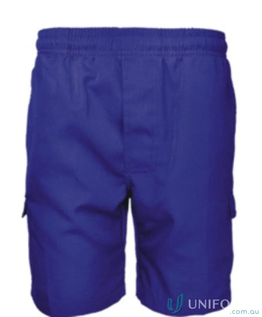 Royal blue kids school cargo shorts with elastic waistband for comfy school days