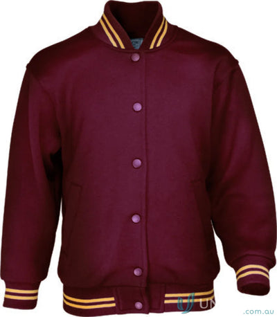 Kids schoolwear bomber jacket in maroon with yellow and white striped cuffs and collar