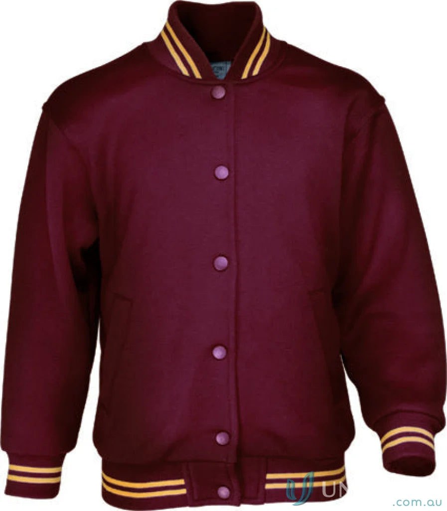 Kids schoolwear bomber jacket in maroon with yellow and white striped cuffs and collar