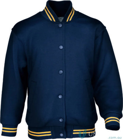 Kids School Wear Bomber Jacket in navy blue with yellow and black striped cuffs