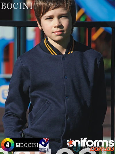 Kids schoolwear bomber jacket in navy blue with yellow and black striped collar