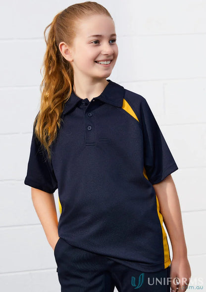 Kids Splice Polo with navy and gold contrast panels, short sleeves, and three-button placket