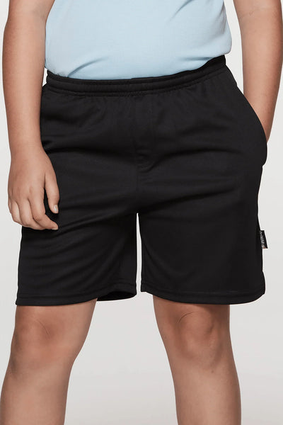 Black kids sports shorts with elastic waistband and side pockets