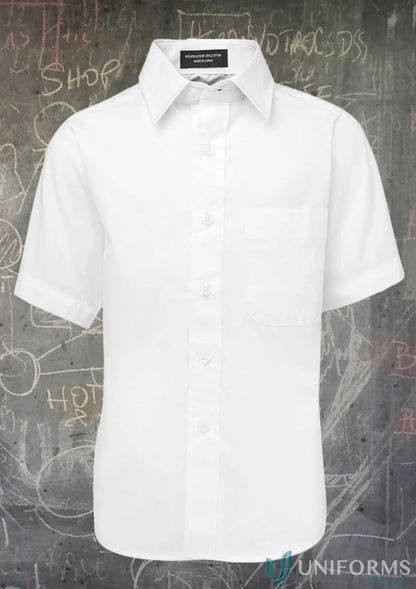 Kids SS School Shirt in white with comfort two-piece collar, inverted pleats, curved hem