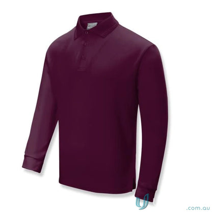 Kids Sun Smart long-sleeve maroon polo shirt with three-button placket and classic collar