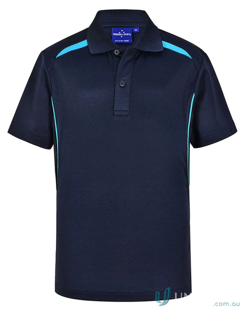 Kids contrast polo in navy blue with light blue accents, eco-friendly and certified recycled