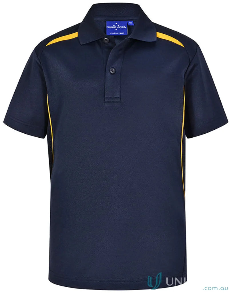 Kids contrast polo shirt in navy blue with yellow accents made from certified recycled materials