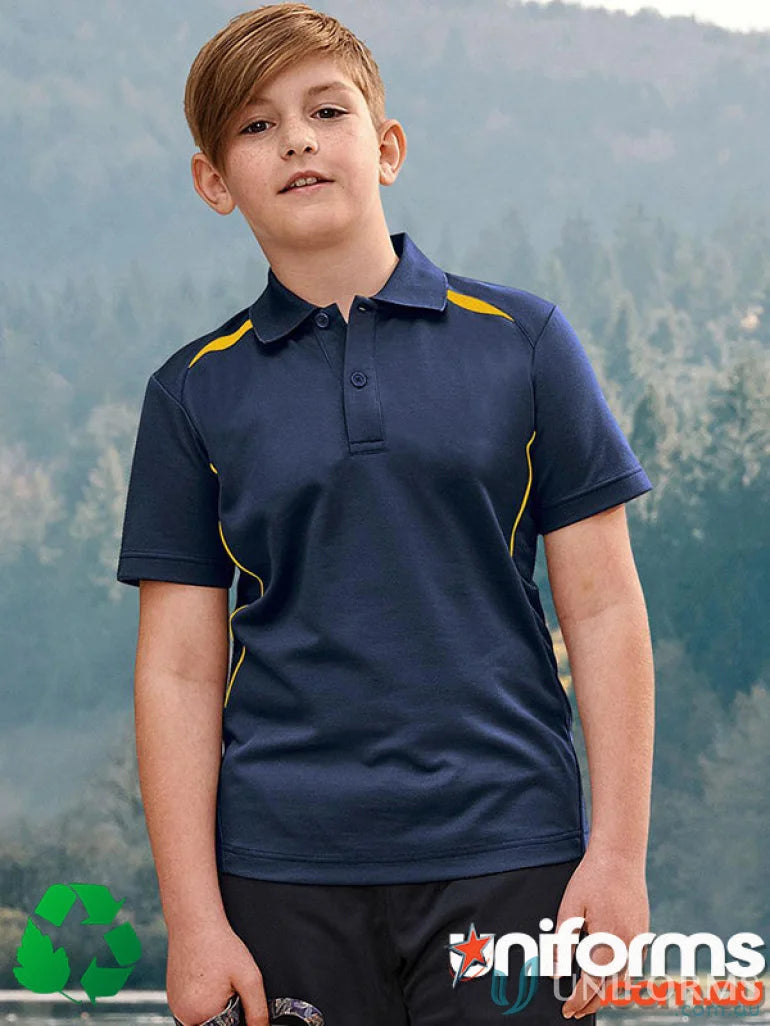 Kids contrast polo shirt in navy and yellow, made from sustainable certified recycled materials