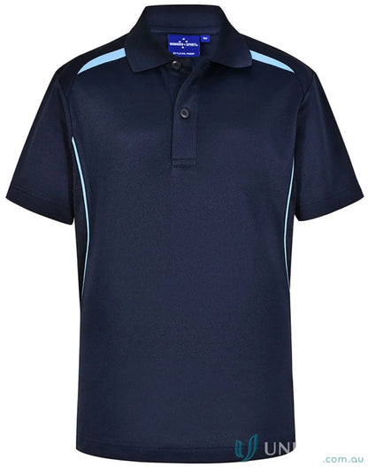 Kids contrast polo shirt navy blue with light blue accents sustainable kids contrast certified recycled fabric