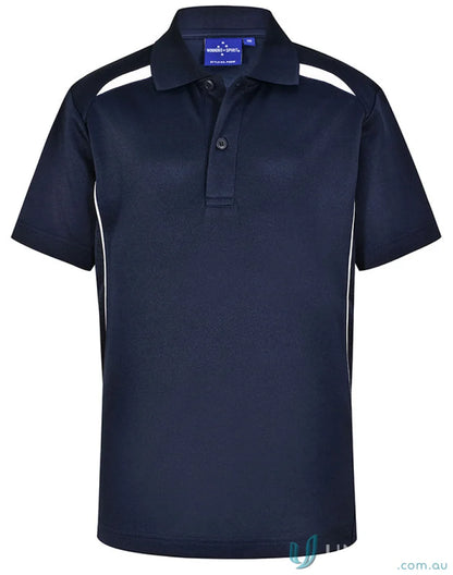 Kids contrast polo in navy blue with white accents, made from sustainable certified recycled materials