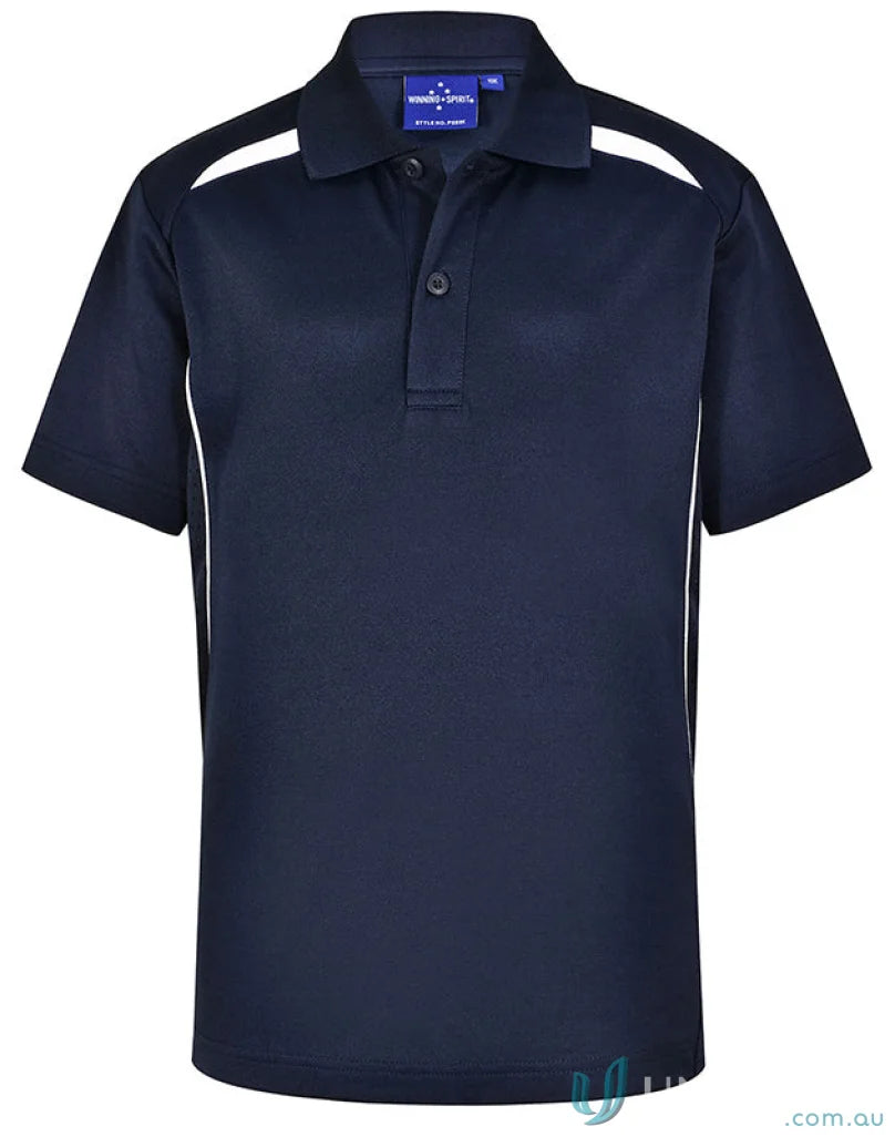 Kids contrast polo in navy blue with white accents, made from sustainable certified recycled materials