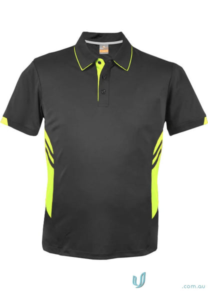 Kids Tasman Polo in black and neon yellow, perfect for kids Tasman lovers