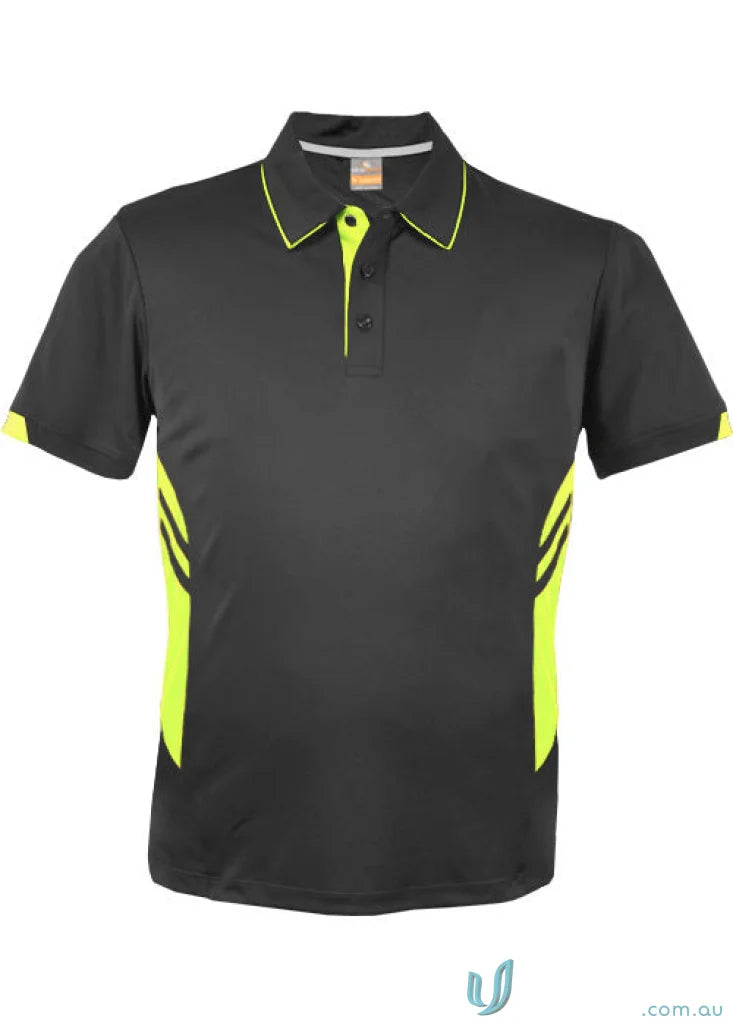 Kids Tasman Polo in black and neon yellow, perfect for kids Tasman lovers