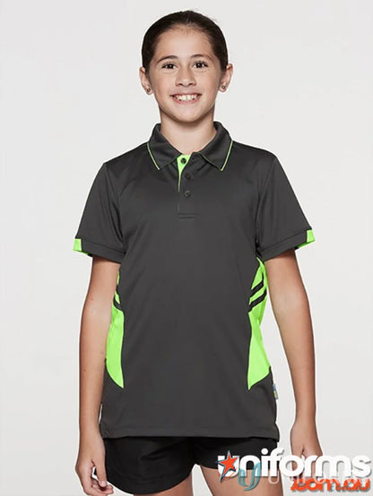 Kids Tasman Polo in gray and neon green, perfect for kids tasman lovers