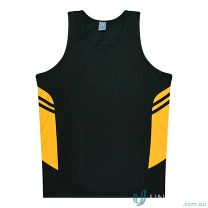 Kids Tasman Singlet black and gold athletic tank top fabric ideal for uniforms or workwear