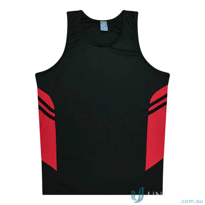 Kids Tasman Singlet black and red athletic tank top made with comfy fabric for uniforms or workwear